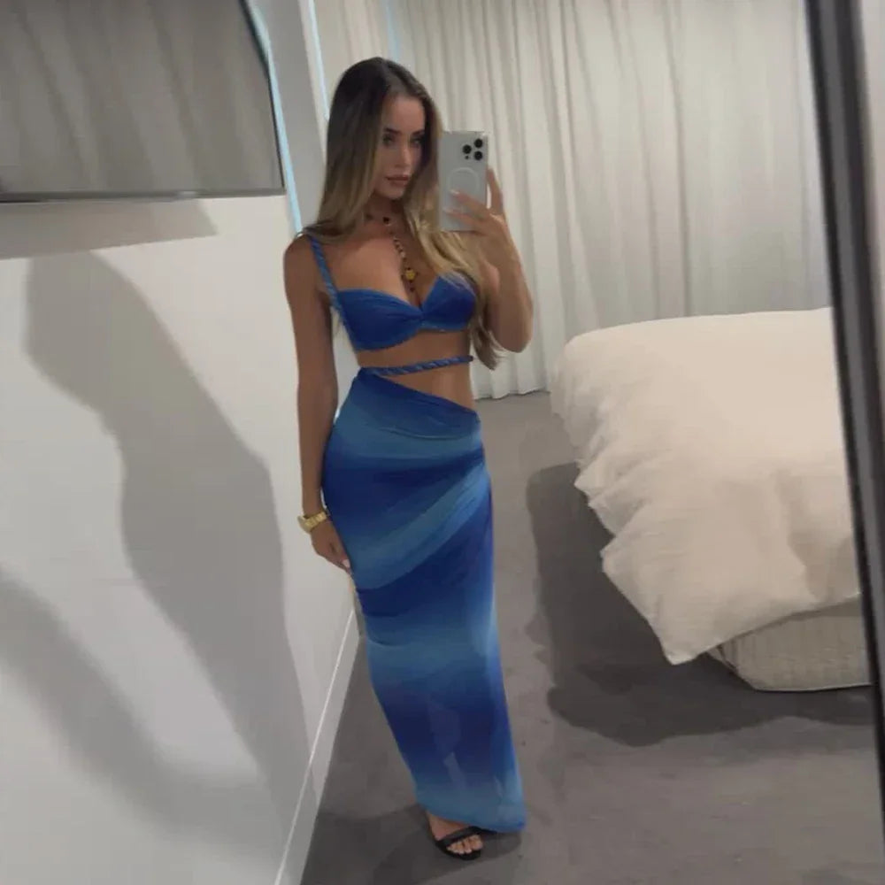 Southold Blue Gradient Tree Pieces Bikini Set With Cover Up Push Up