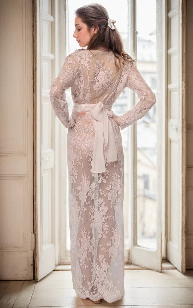 Sheer Floral Lace Long Sleeve Bridal Robe with Satin Waist Tie