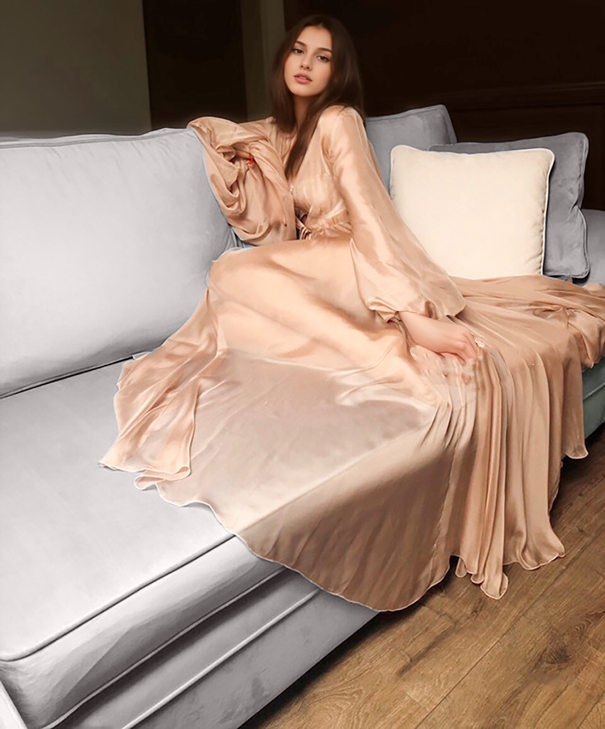 Unique Silky Shiny Crinkle Chiffon long Lingerie Robe