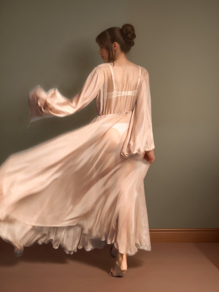 Unique Silky Shiny Crinkle Chiffon long Lingerie Robe