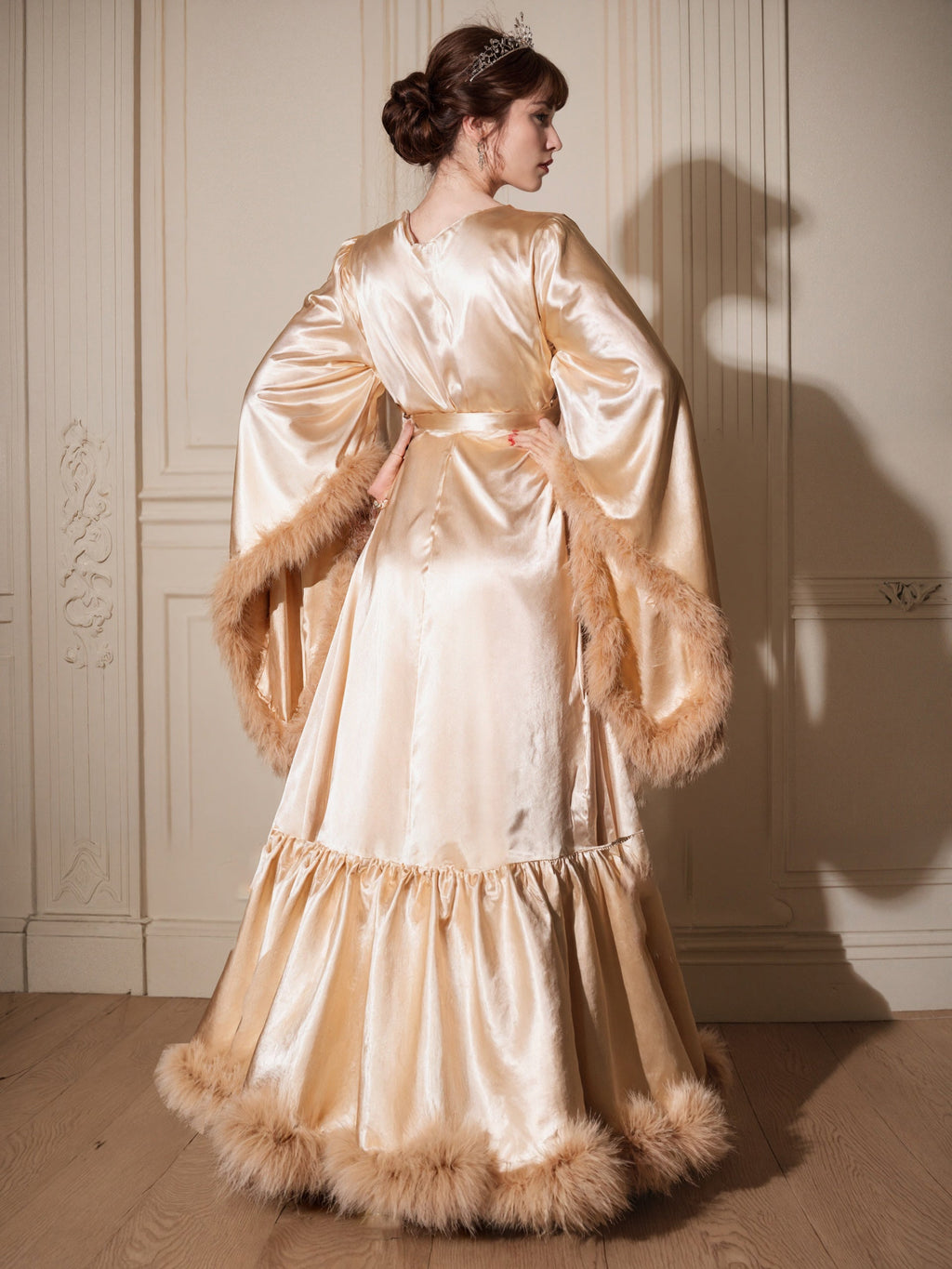 Silky Satin Feather Fringe Hem Long Robe