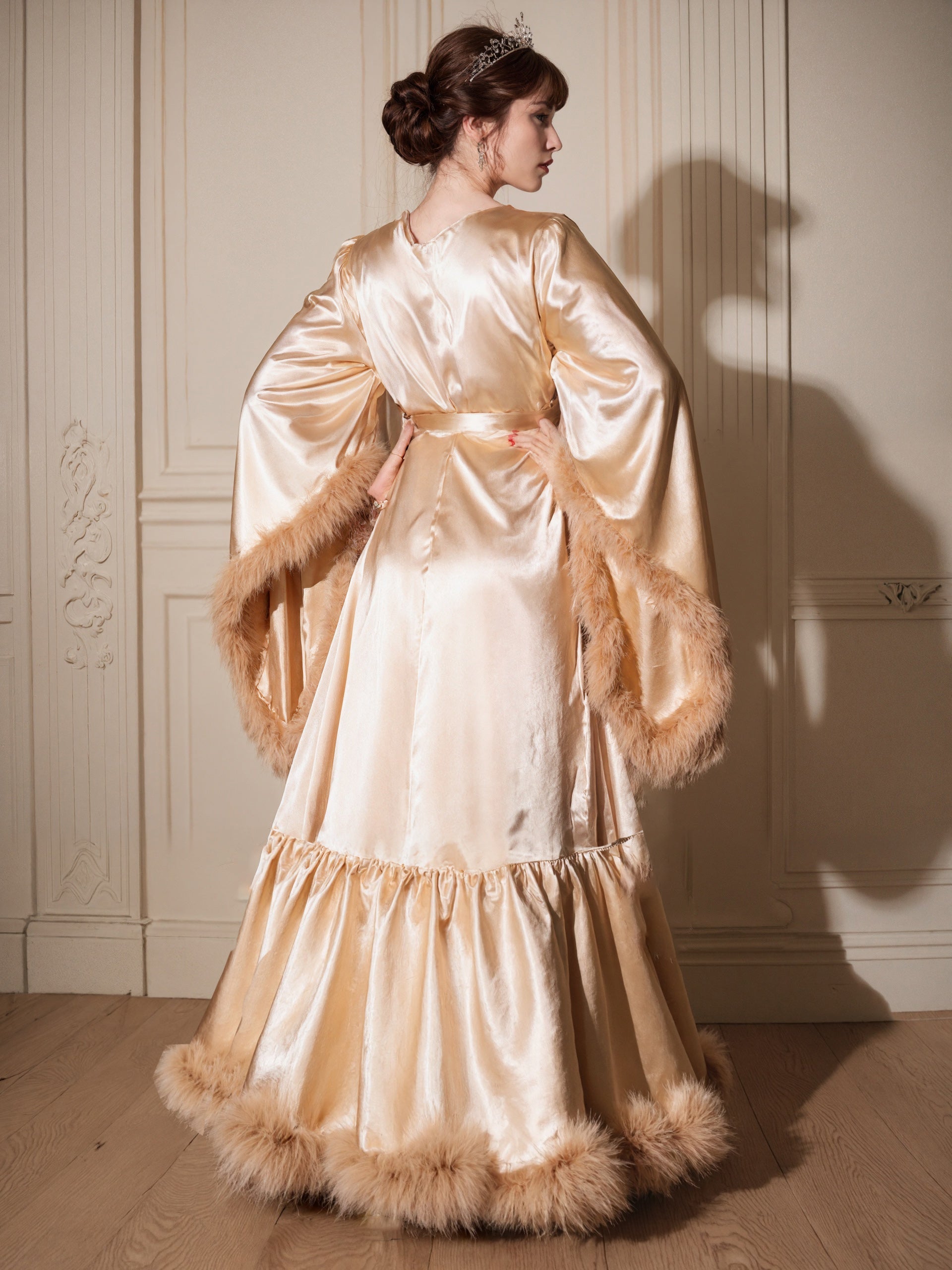Silky Satin Feather Fringe Hem Long Robe