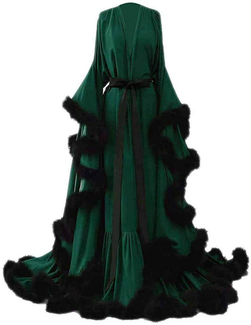 Silky Satin Feather Fringe Hem Long Robe