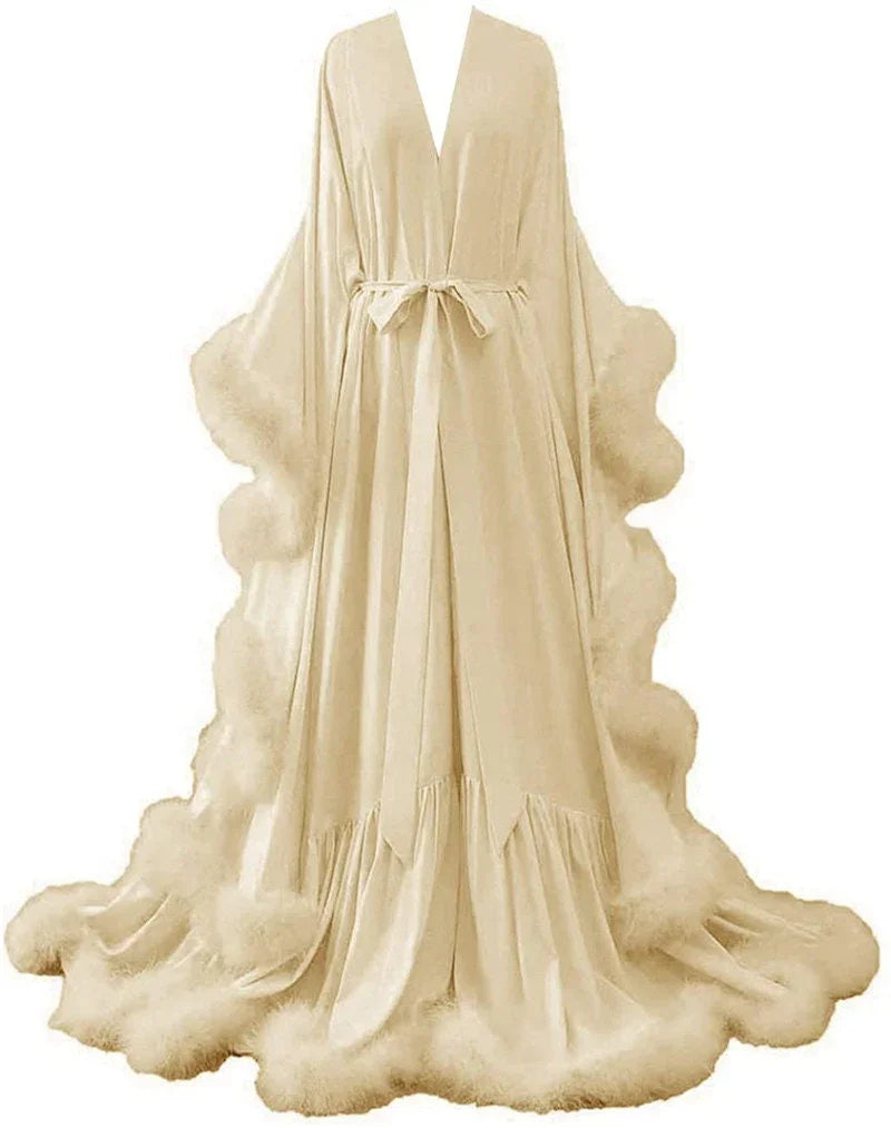Silky Satin Feather Fringe Hem Long Robe