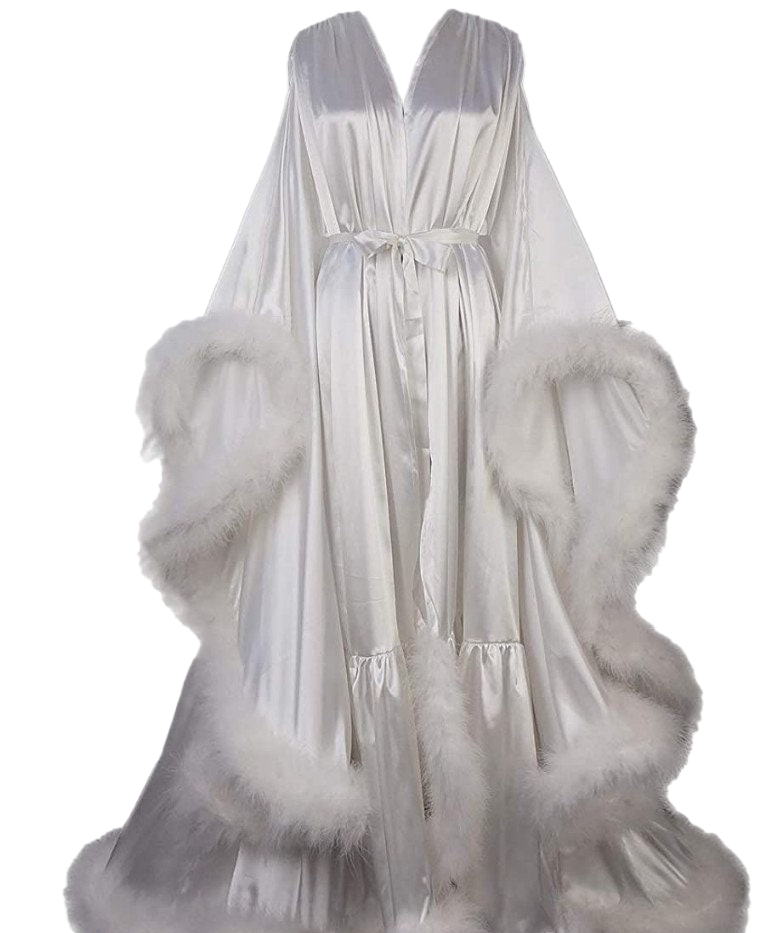 Silky Satin Feather Fringe Hem Long Robe