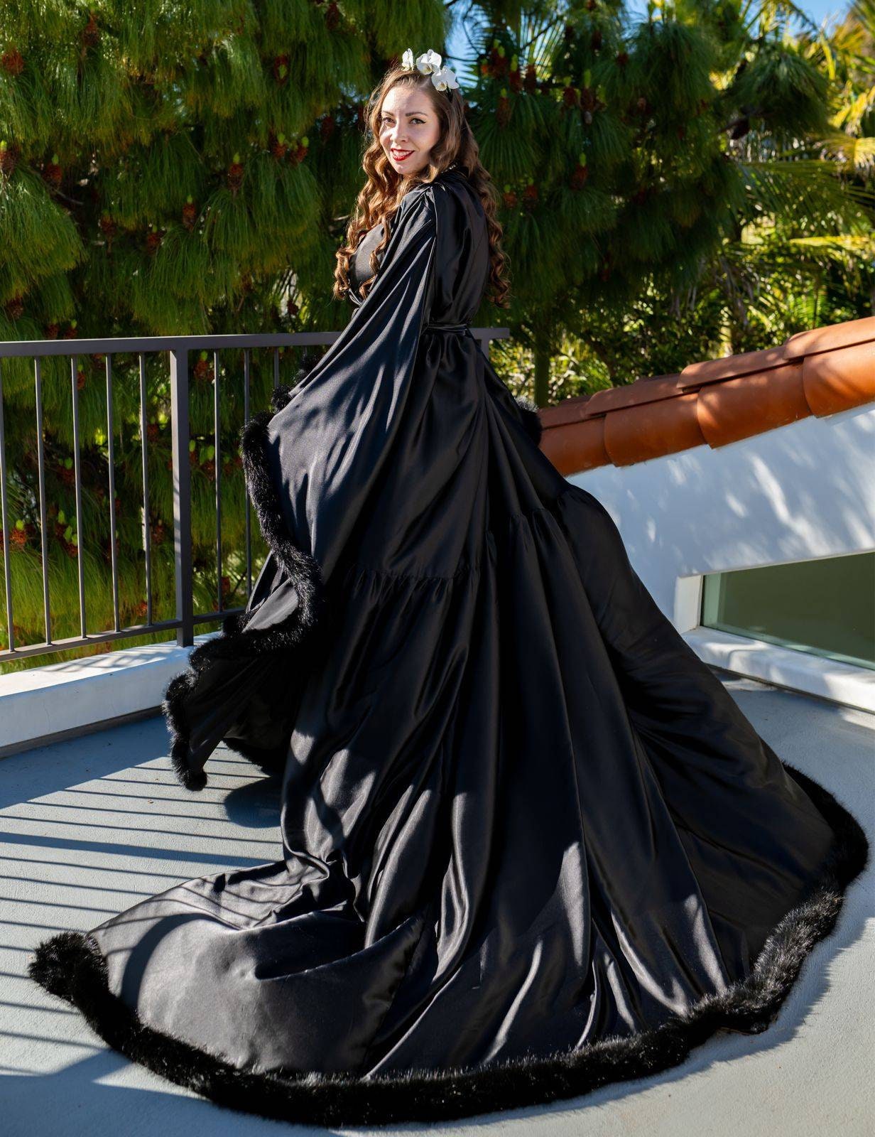 Silky Satin Feather Fringe Hem Long Robe