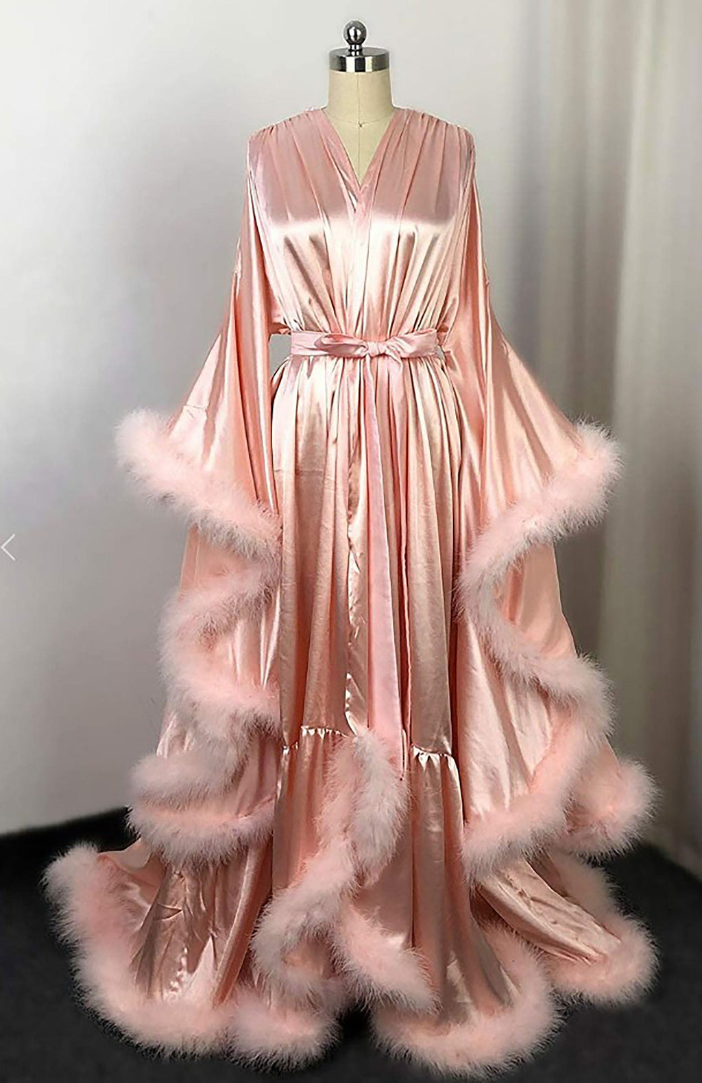 Silky Satin Feather Fringe Hem Long Robe