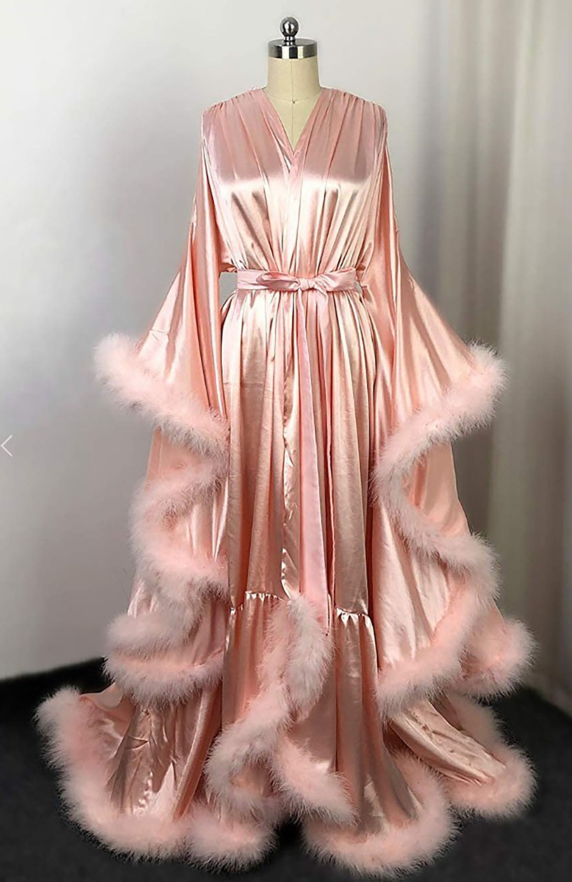 Silky Satin Feather Fringe Hem Long Robe
