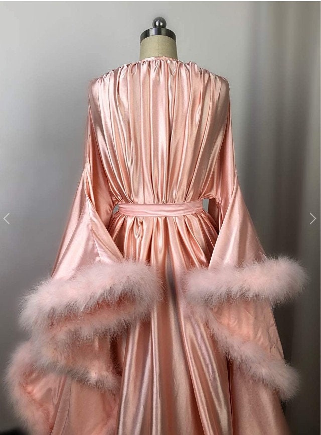Silky Satin Feather Fringe Hem Long Robe