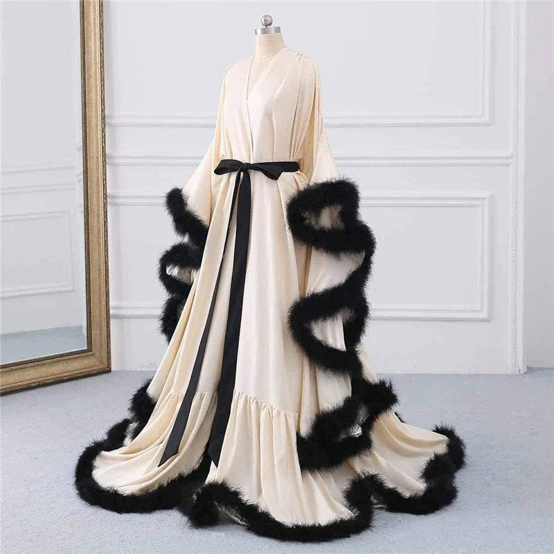 Silky Satin Feather Fringe Hem Long Robe
