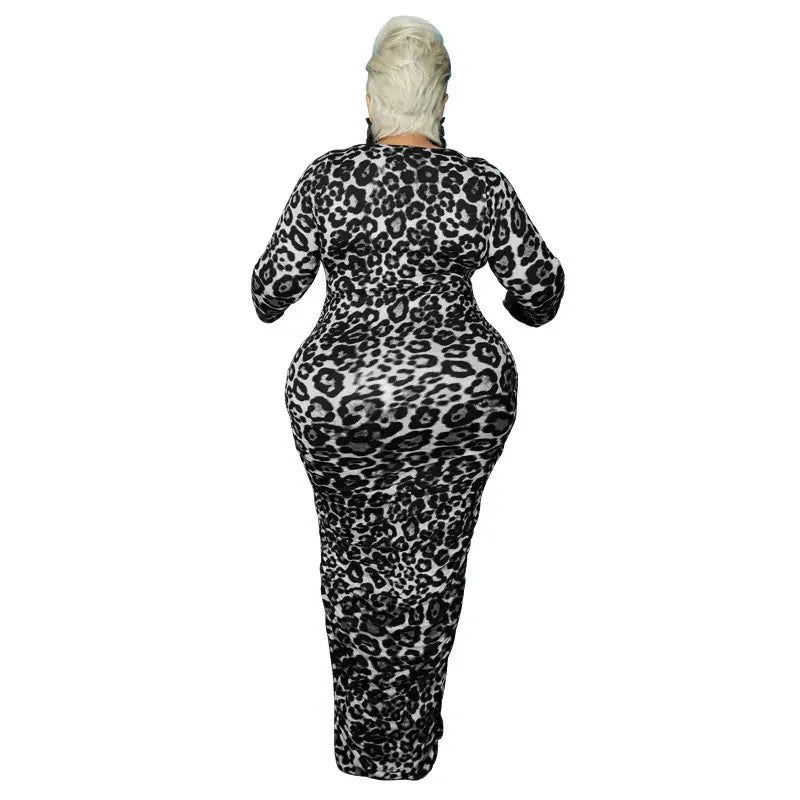 Elegant Plus Size Leopard Bodycon Maxi Dress