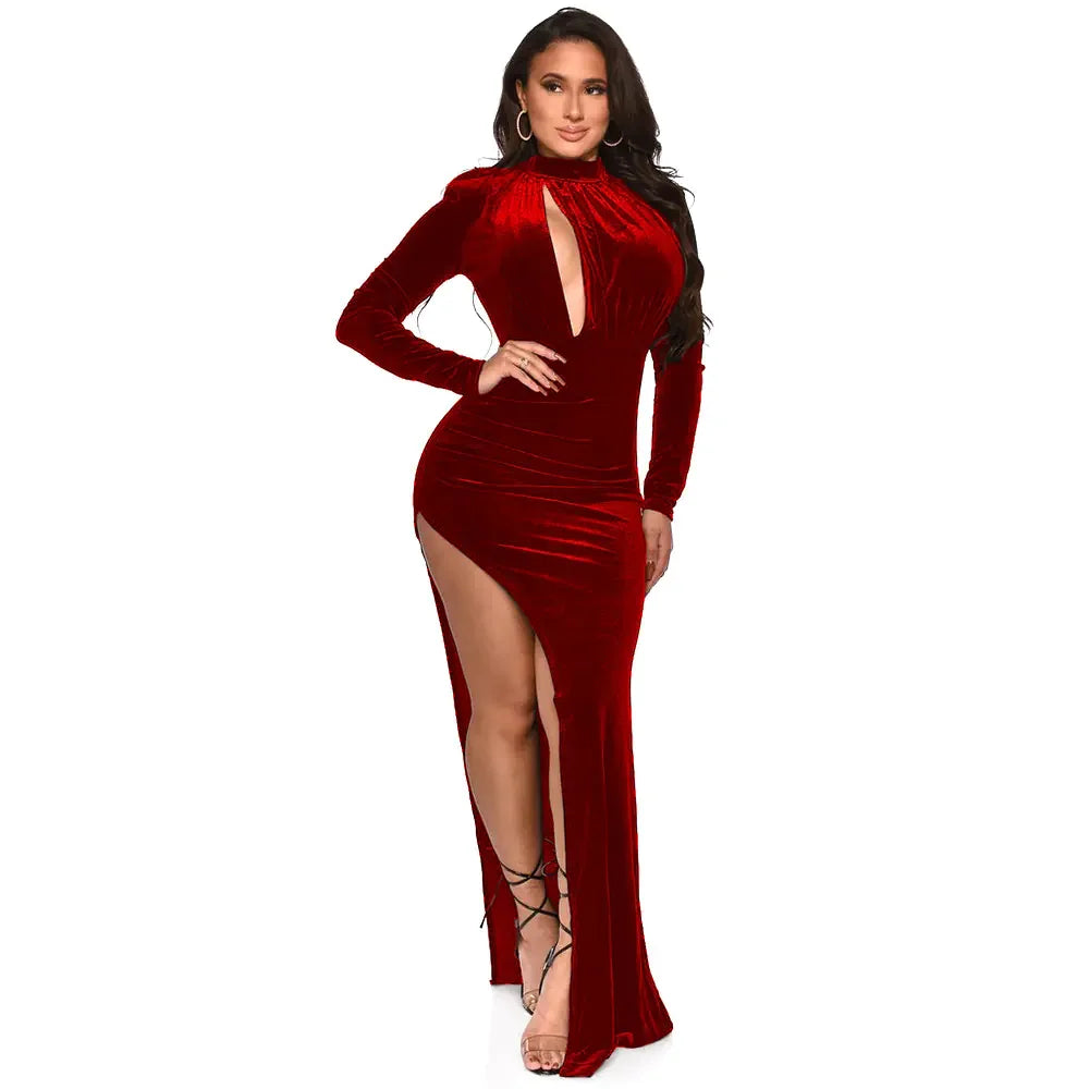 Split Hollow Velvet Long Sleeve Maxi Elegant Dress