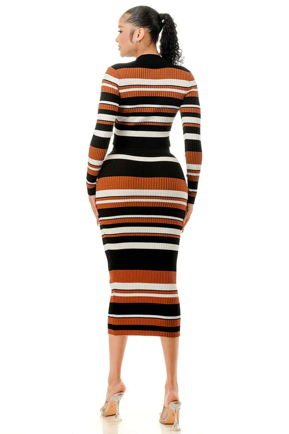 Multi Color Stripe V-Neck Crop Two Piece Set