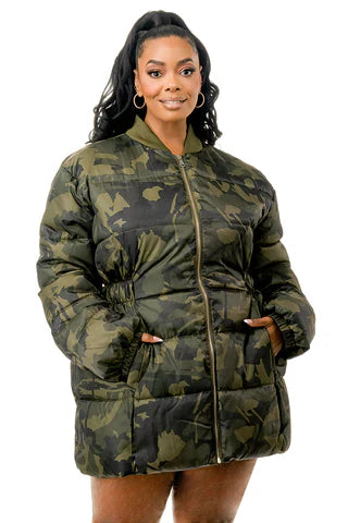 Camouflage Durable Elastic Waist Puffer Coat