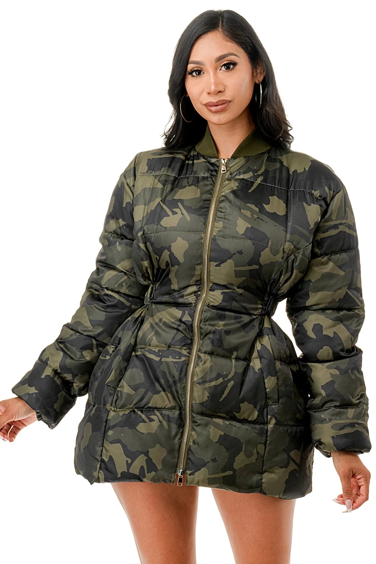 Camouflage Durable Elastic Waist Puffer Coat