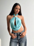 Woodside lace-up backless shell decorated halter neck camisole top