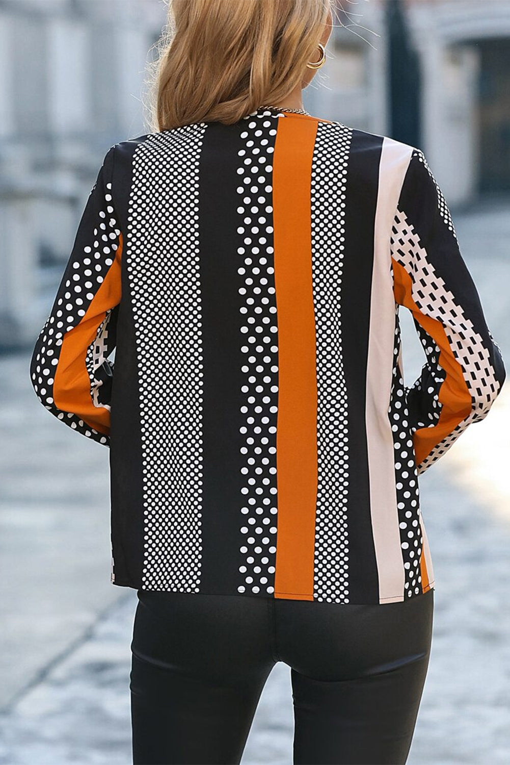 Orange Colorblock Notched V Neck Blouse