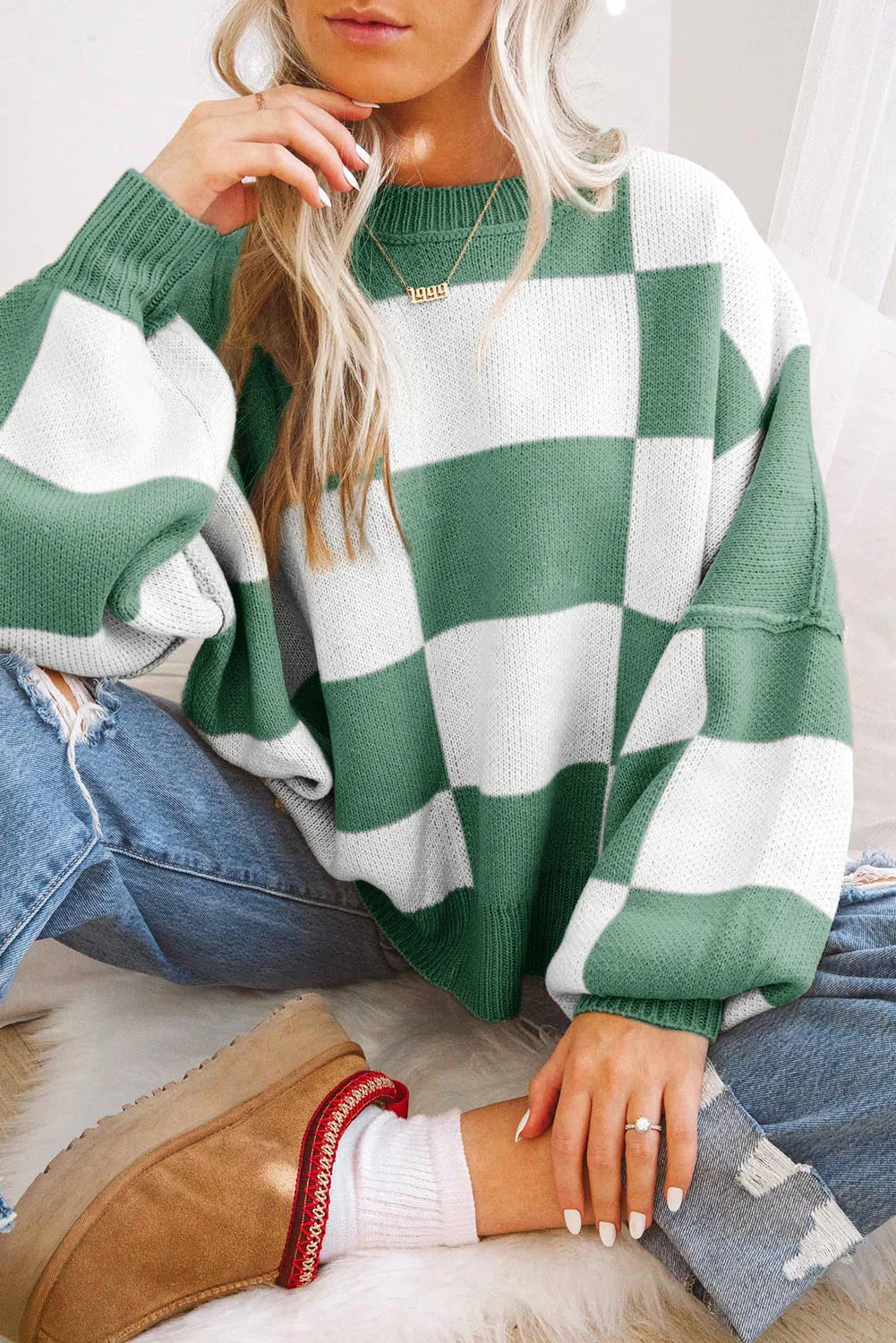 Millenie Green Checkered Bishop Sleeve Sweater