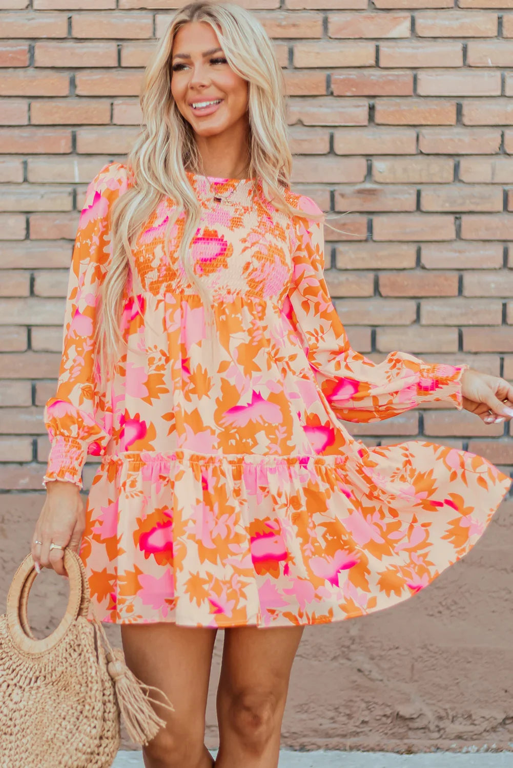 Lonnie Orange Abstract Print Smocked Lantern Sleeve Ruffle Mini Dress