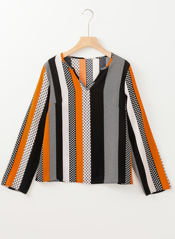 Orange Colorblock Notched V Neck Blouse