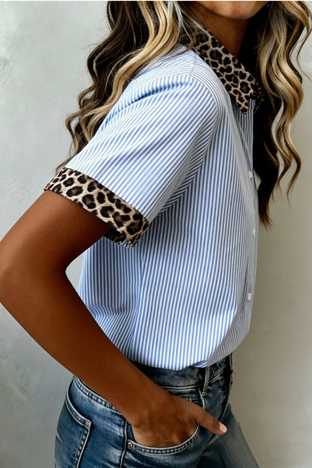 Stripe Leopard Contrast Collar Sleeve