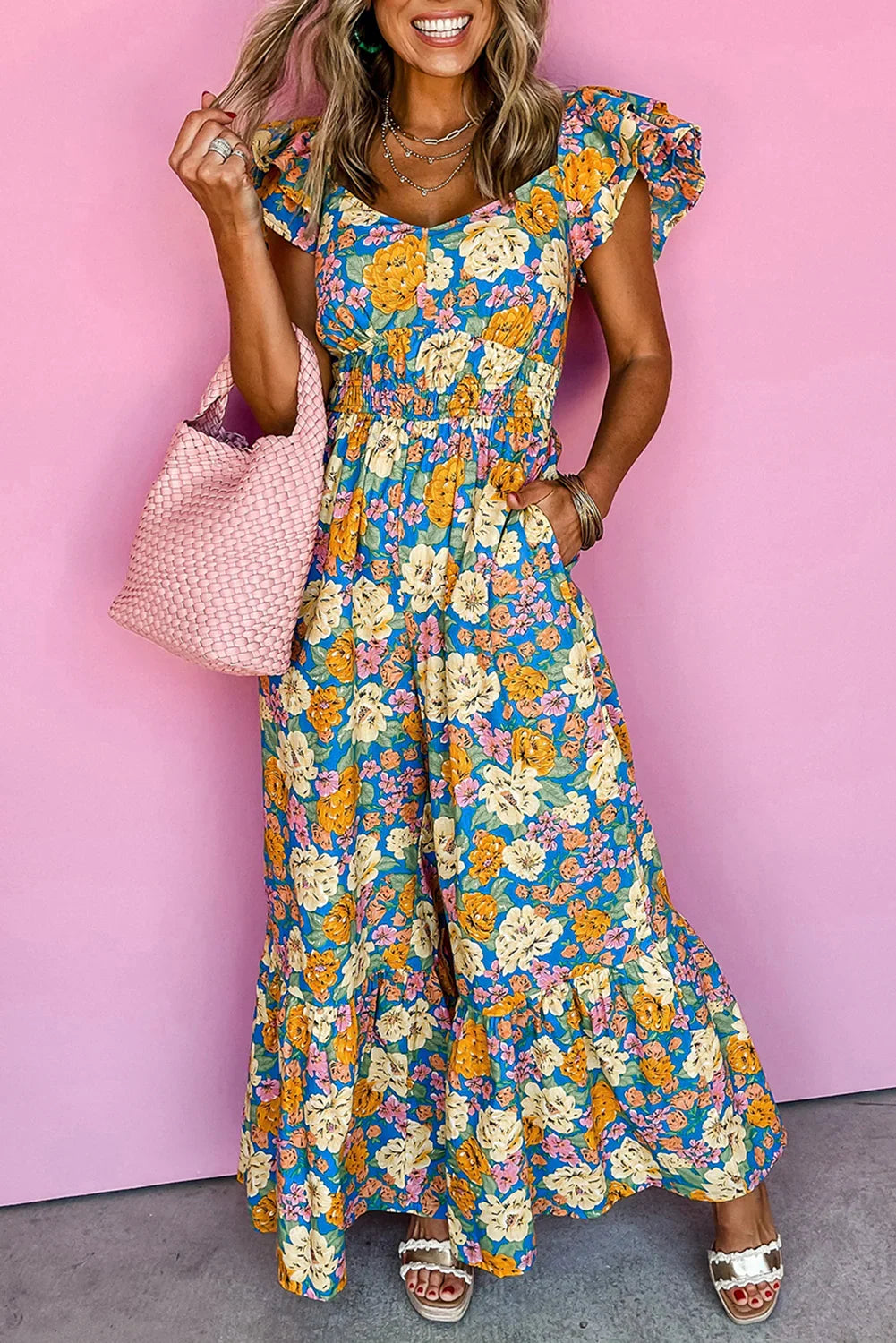 East Harlem Yellow Floral Allover Print Shirred Cut Out High Waist Jumpsuit