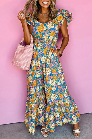 East Harlem Yellow Floral Allover Print Shirred Cut Out High Waist Jumpsuit