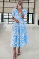Midtown Girl Sky Blue Floral V Neck Puff Short Sleeve Flowy Long Dress