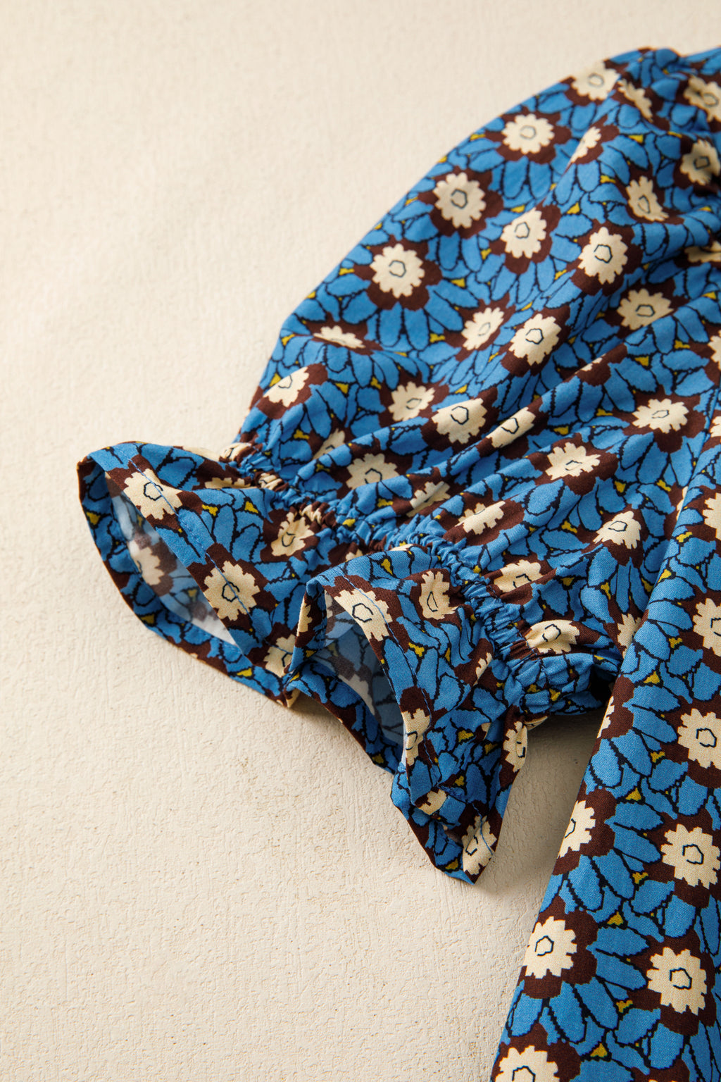 Floral Print V Neck Pleated Puff Sleeve