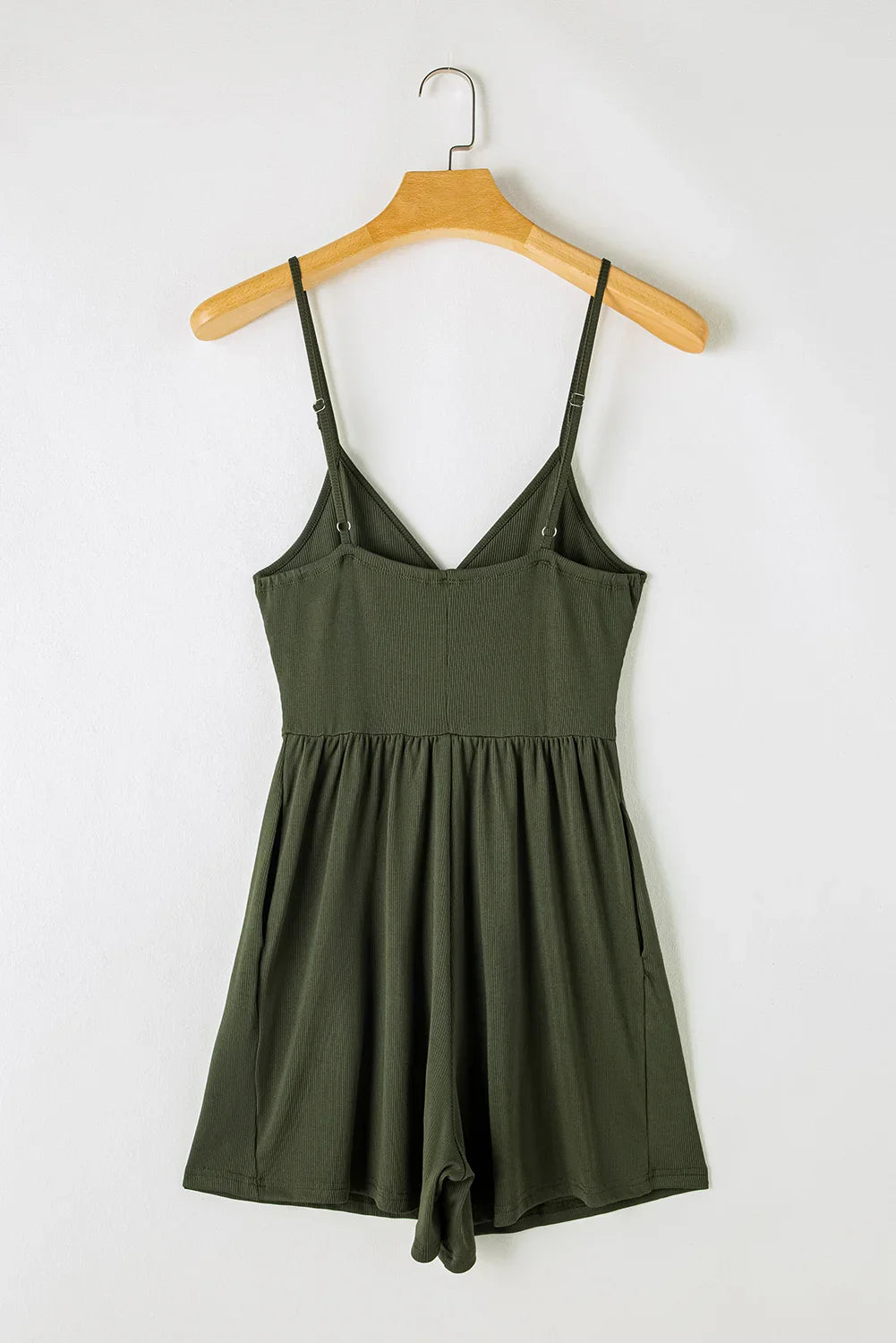 Mollie Moss Green Spaghetti Straps Cinched Waist Ribbed Romper