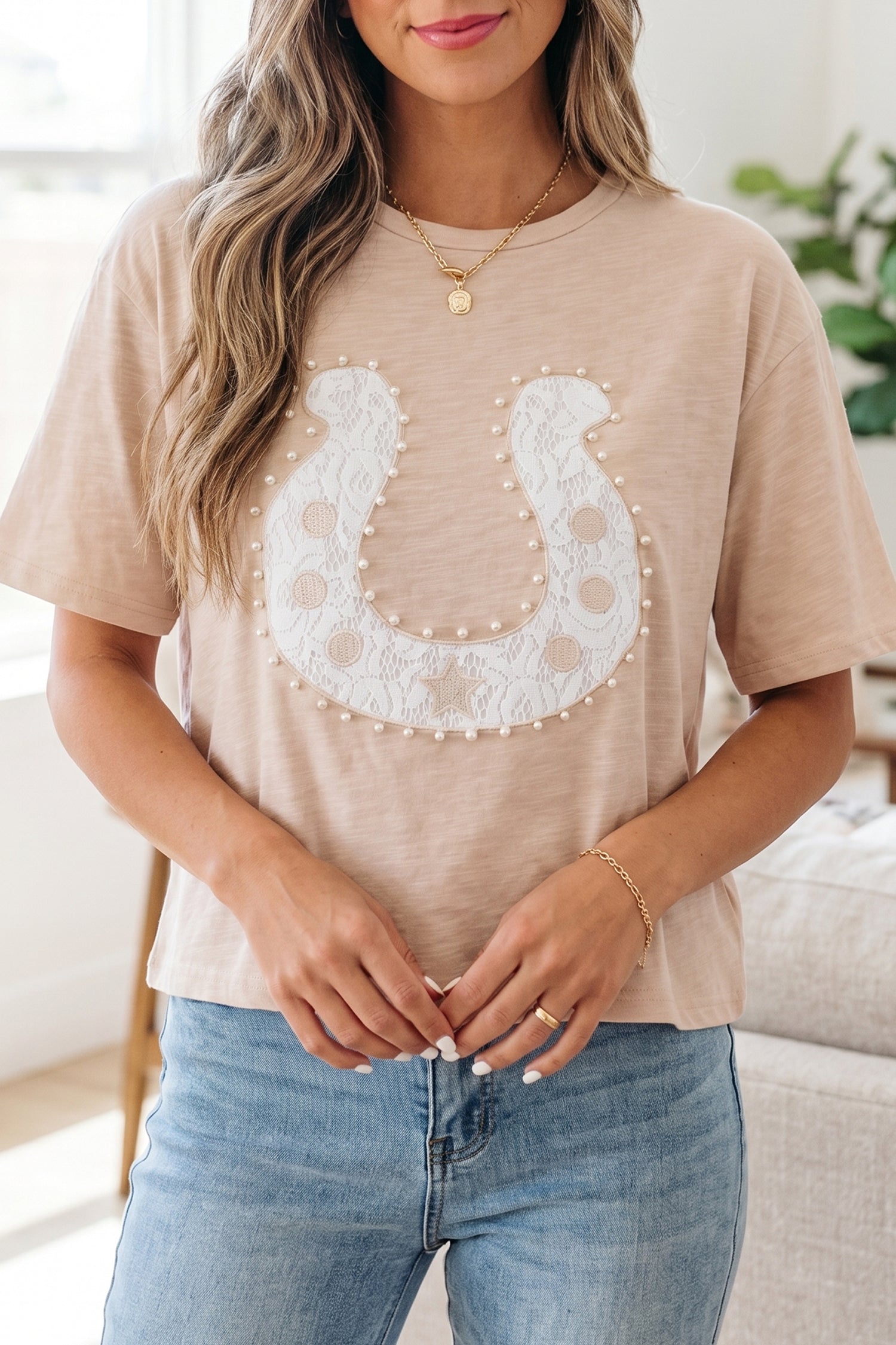 Smoke Gray Lace Pearled Decor Horse Shoe Graphic Western T Shirt