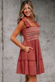 Salina Red Sandalwood Geometric Stitch Shirred Bodice Ruffled Trim Sleeveless Mini Dress