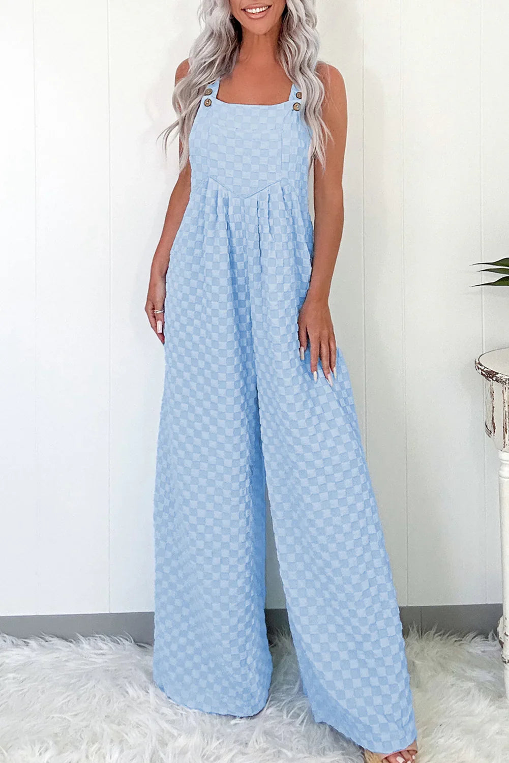 Gates Beau Blue Checkered Pocketed High Waist Wide Leg Overall