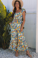 East Harlem Yellow Floral Allover Print Shirred Cut Out High Waist Jumpsuit
