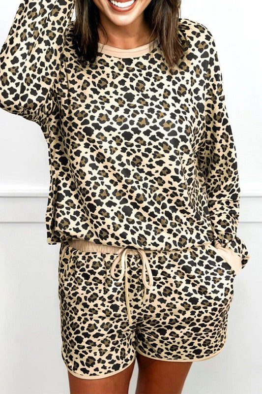 Aliss Leopard Contrast Trim PulloverTwo Piece Sets