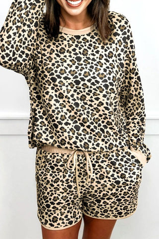 Aliss Leopard Contrast Trim PulloverTwo Piece Sets