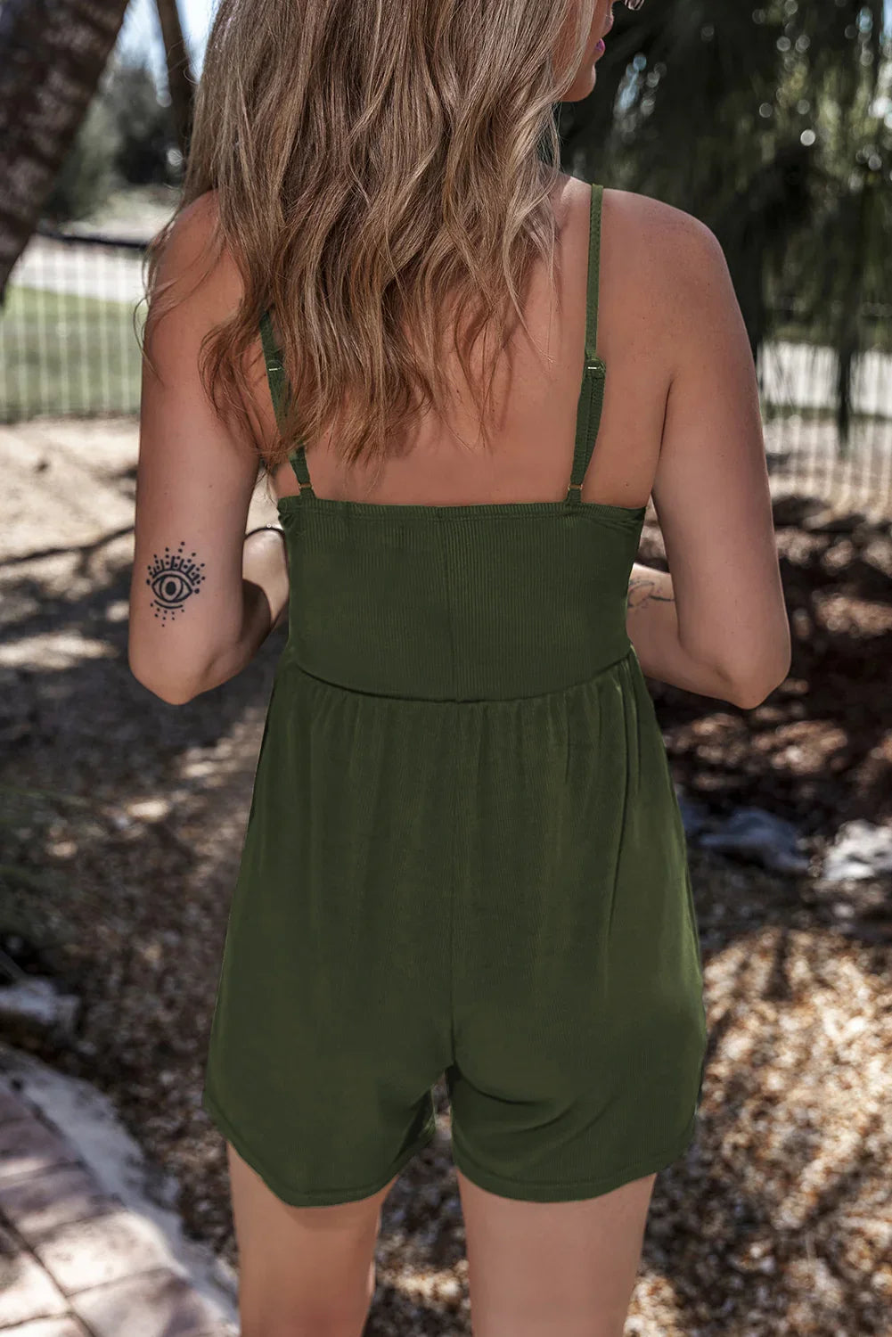 Mollie Moss Green Spaghetti Straps Cinched Waist Ribbed Romper