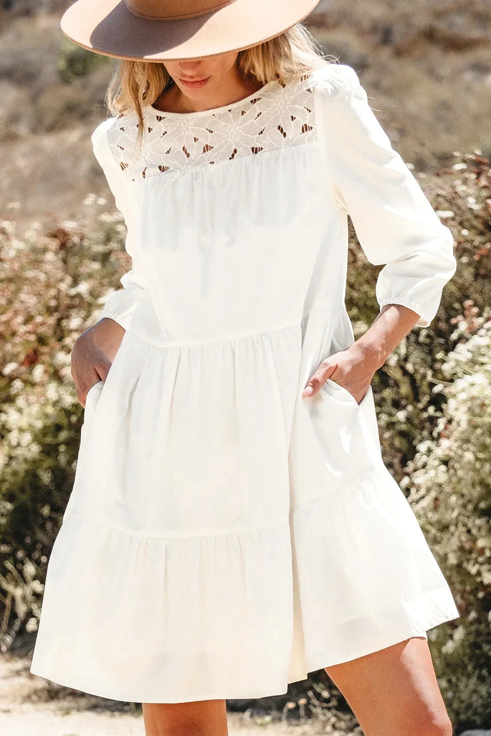 July White Floral Lace Patchwork Bracelet Sleeve Tiered Mini Dress