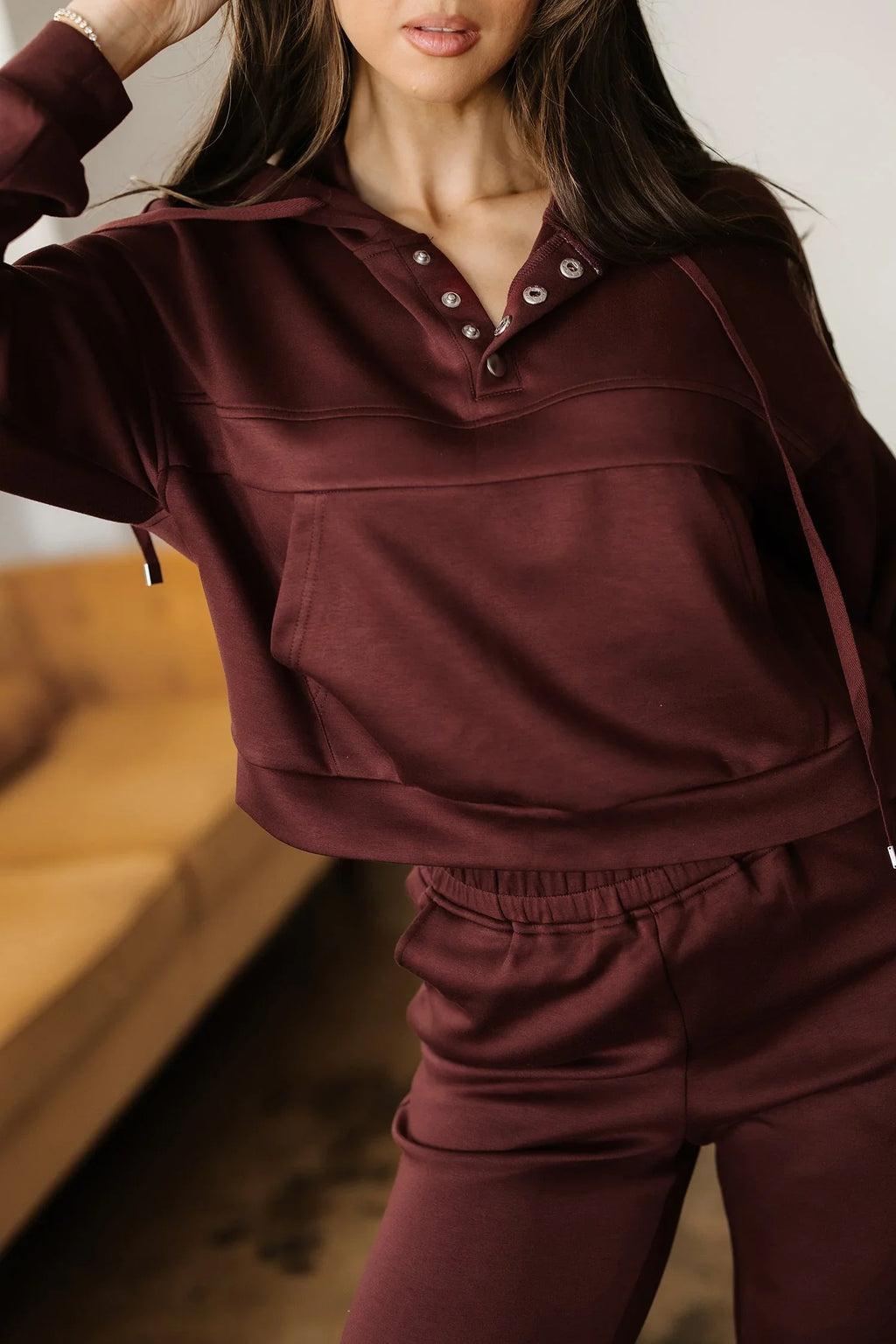 Chicory Coffee Button Drawstring Cropped Hoodie Jogger Set