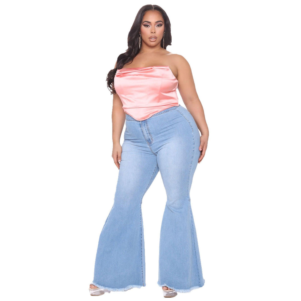 Aaliyah Plus Size Fashion Slim Wide Leg Flared Blue Denim - Vestir en Moda