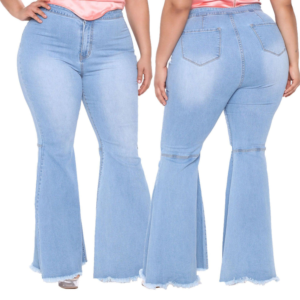 Aaliyah Plus Size Fashion Slim Wide Leg Flared Blue Denim - Vestir en Moda