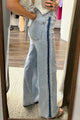 Charlie Beau Blue Contrast Stripe Frayed Side Panel Patchwork Shift Jeans