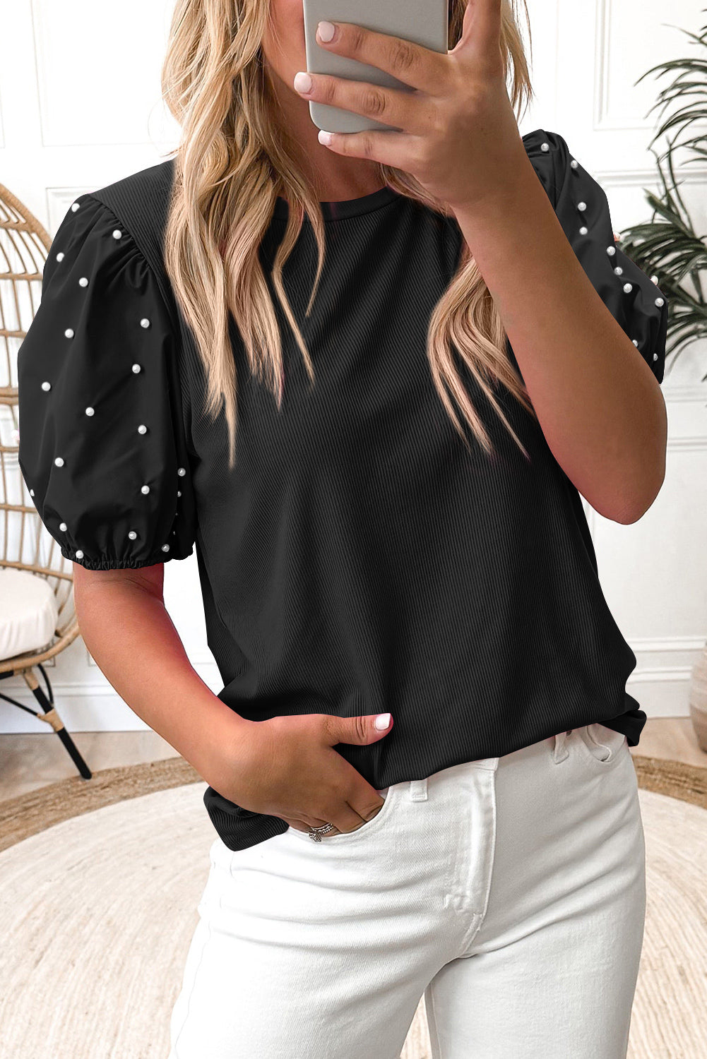 Bright Pearl Beaded Puff Sleeve