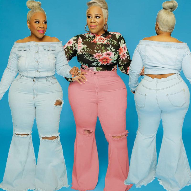 Addison Plus Size Spot Hole Speaker Solid Color Jeans - Vestir en Moda