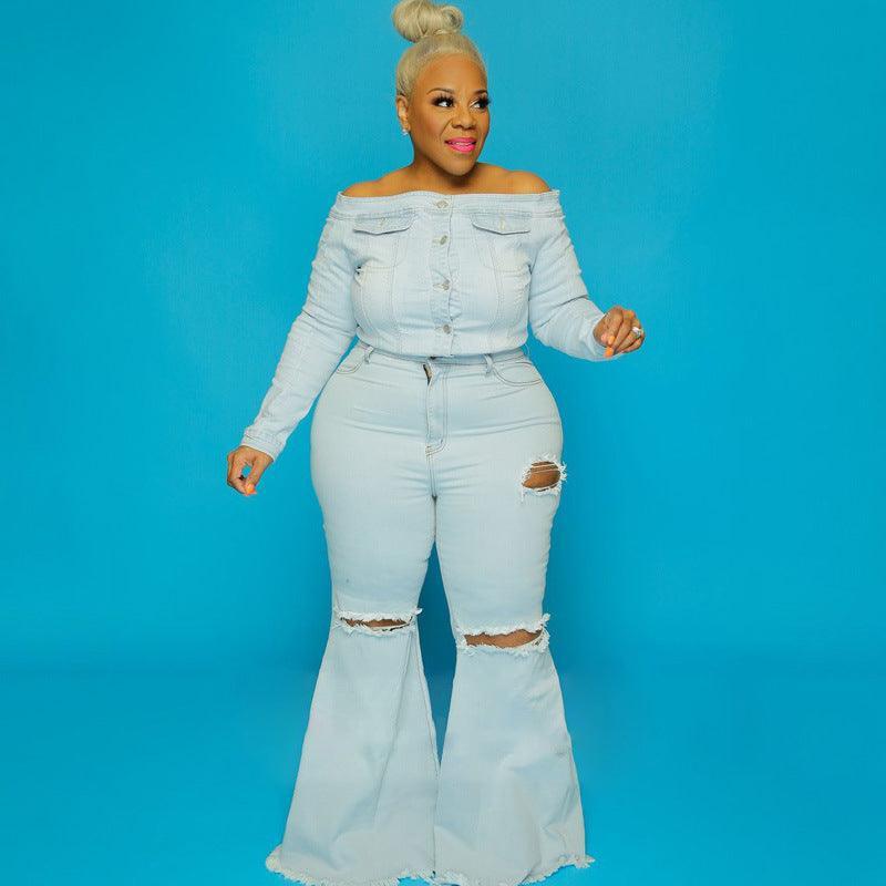 Addison Plus Size Spot Hole Speaker Solid Color Jeans - Vestir en Moda