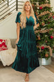 Nathana Evergreen Velvet Short Sleeve Shirred Waist Tiered Maxi Dress