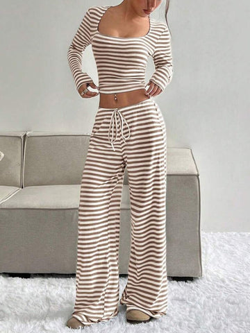 Laura Striped Long Sleeve Crop Two Piece Sets
