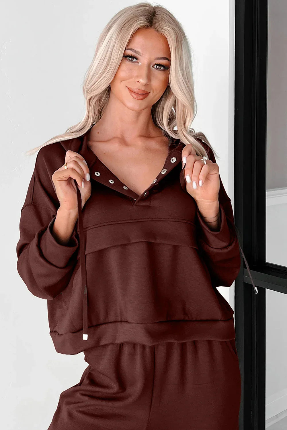 Chicory Coffee Button Drawstring Cropped Hoodie Jogger Set