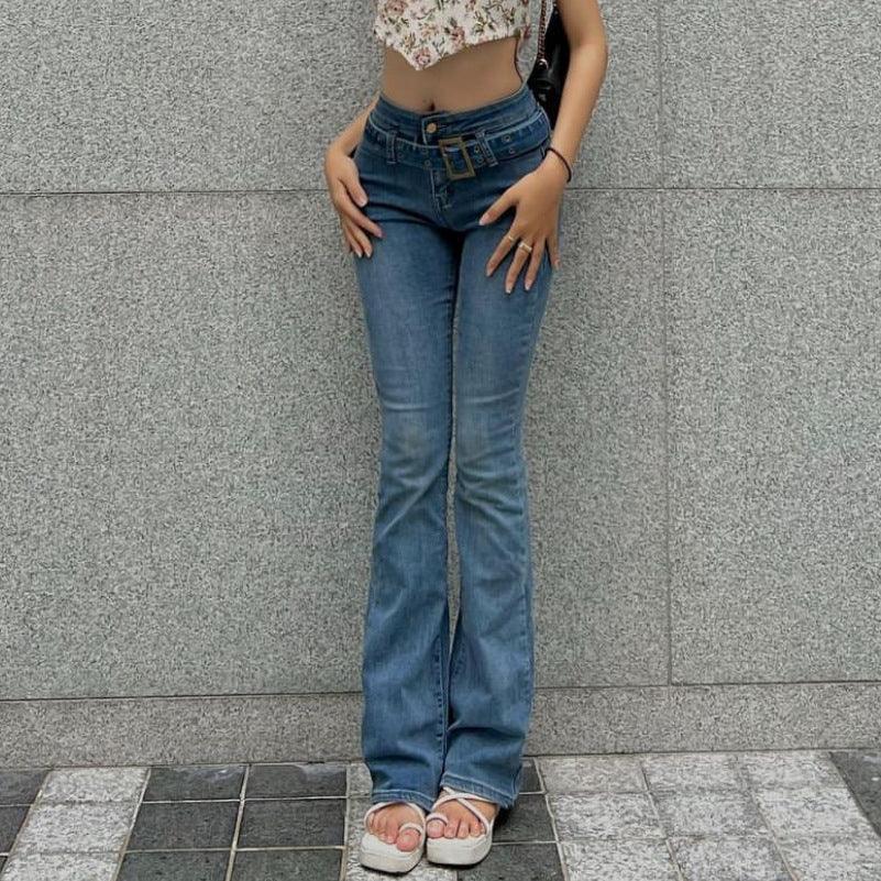 Alaina Stretch Jeans Graceful Slimming Belted Pocket Zipper Trousers - Vestir en Moda