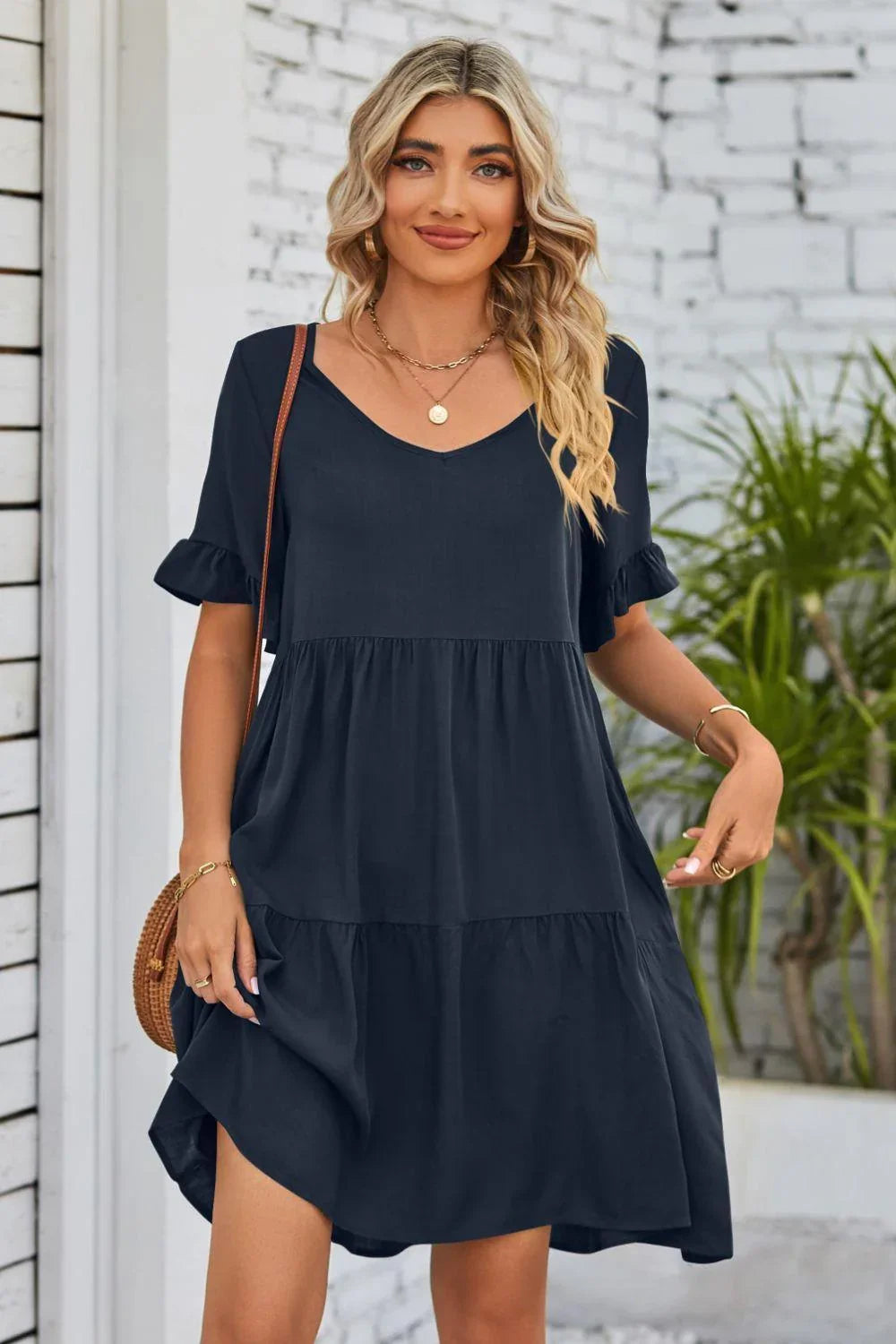 Alesha V-Neck Flounce Sleeve Tiered Dresses - Vestir en Moda